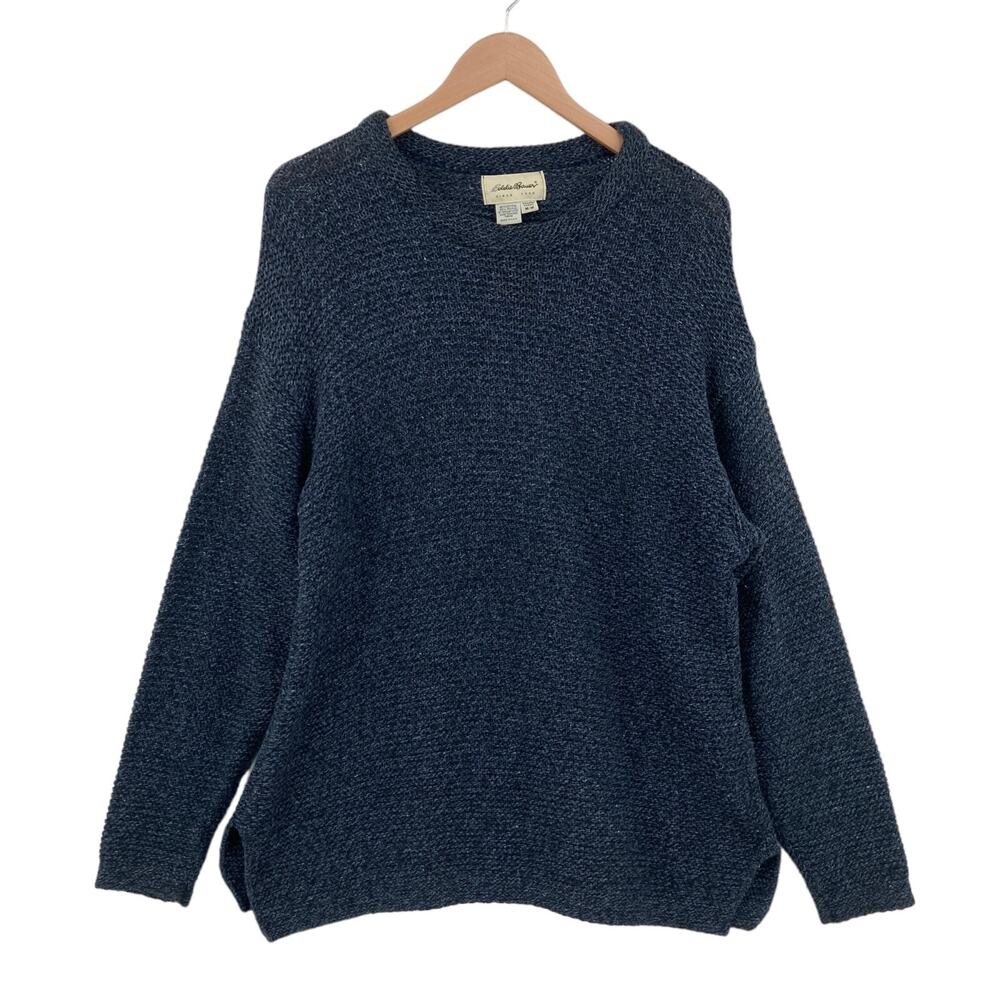 Eddie Bauer Sweater Womens Medium Navy Knit Cotton Long Sleeve Round Neck Slit